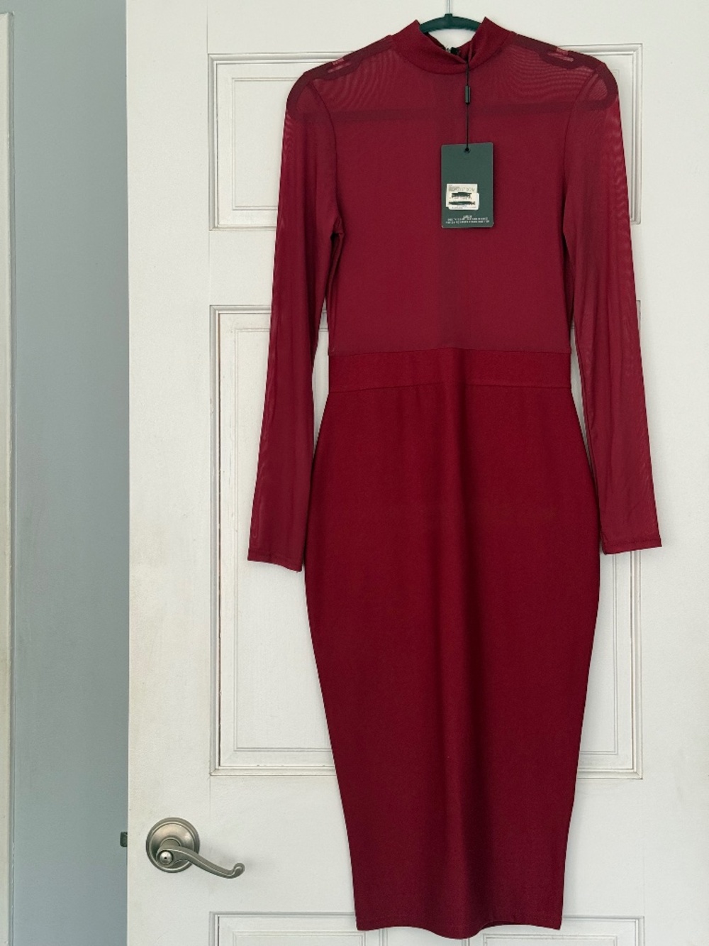 NWT Missguided Burgundy Mesh Mock Neck Bodycon Midi Dress Size 6
